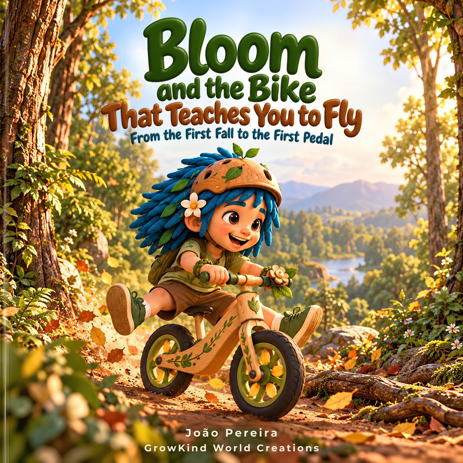 Cover of Bloom and the Bike That Teaches You to Fly: Bloom glides on his wooden bike, wearing his helmet, in a forest at sunset.