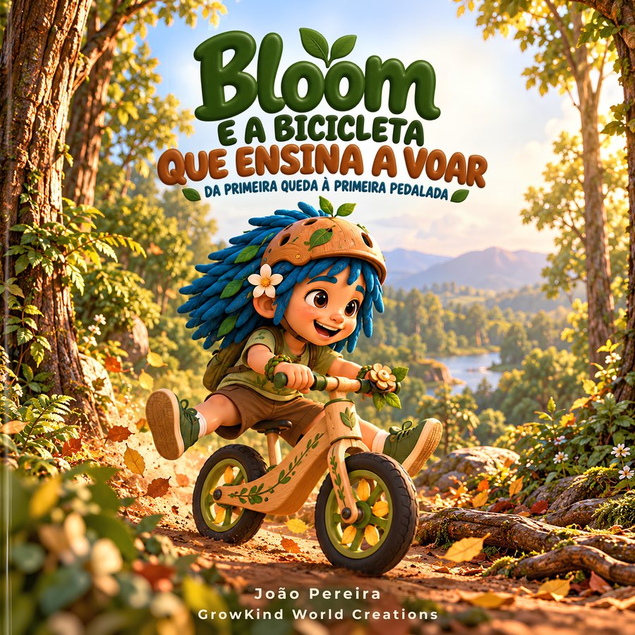 Capa de Bloom e a Bicicleta que Ensina a Voar: Bloom desliza na bicicleta de madeira, de capacete, numa floresta ao pôr do sol.