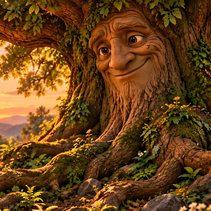 O Velho Carvalho, uma árvore enorme com um rosto sorridente no tronco, ao pôr do sol.