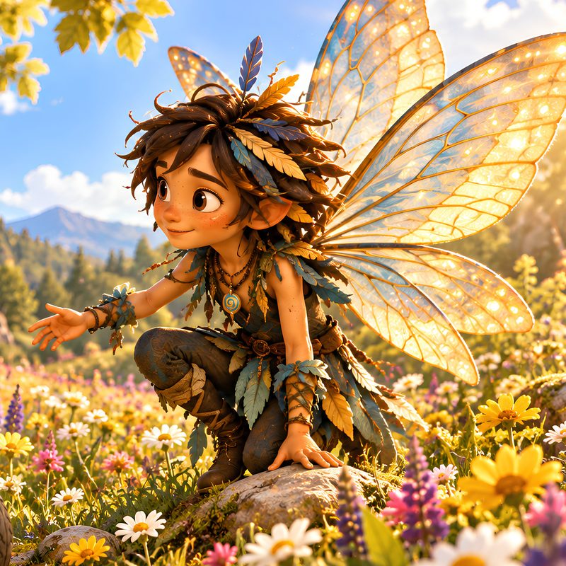 Florim, com asas transparentes, num campo de flores silvestres.
