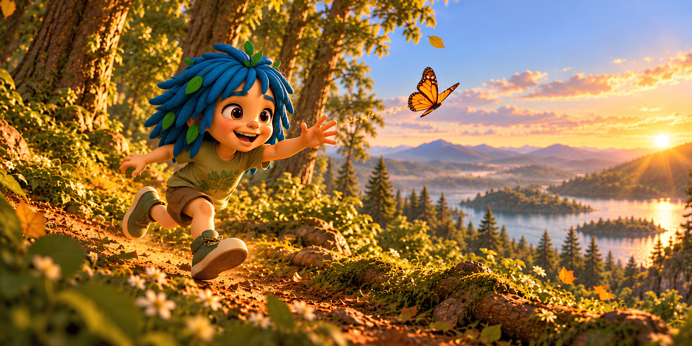 Bloom, um menino-flor de cabelo azul, corre pela floresta atrás de uma borboleta, com um lago ao pôr do sol.